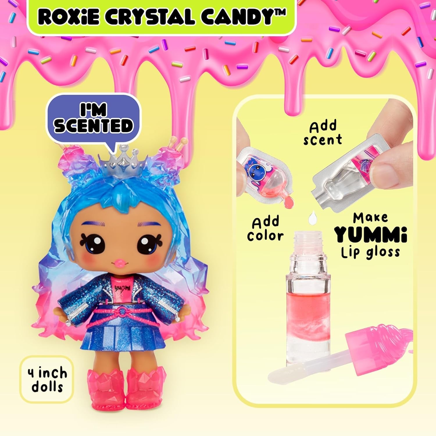 Yummiland Lip Gloss Doll - Roxie Crystal Candy - Inklusive DIY Lipgloss-Set, Geeignet für Kinder ab 4 Jahren, Rosa, Series 2