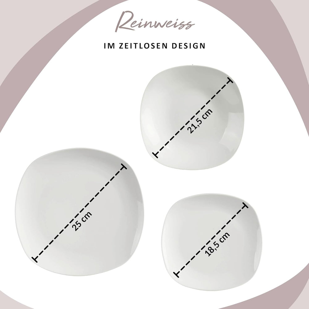 SÄNGER | Set de veselă Bilgola alb, Set de veselă din porțelan cu 24 de piese pentru 6 persoane, Farfurii pătrate, Farfurii de cină | COLECȚIA PREMIUM