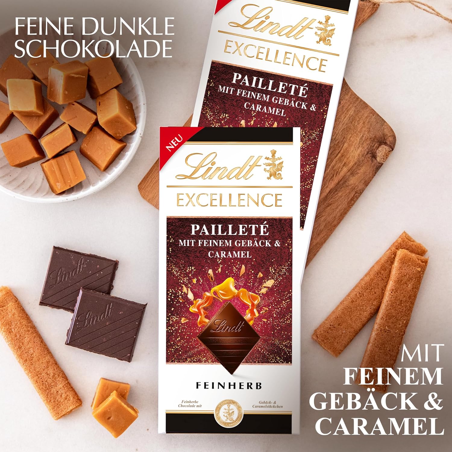 Lindt EXCELLENCE Dough Pieces With Sequins And Caramel - Fine Dark Chocolate With Intense Cocoa Flavor