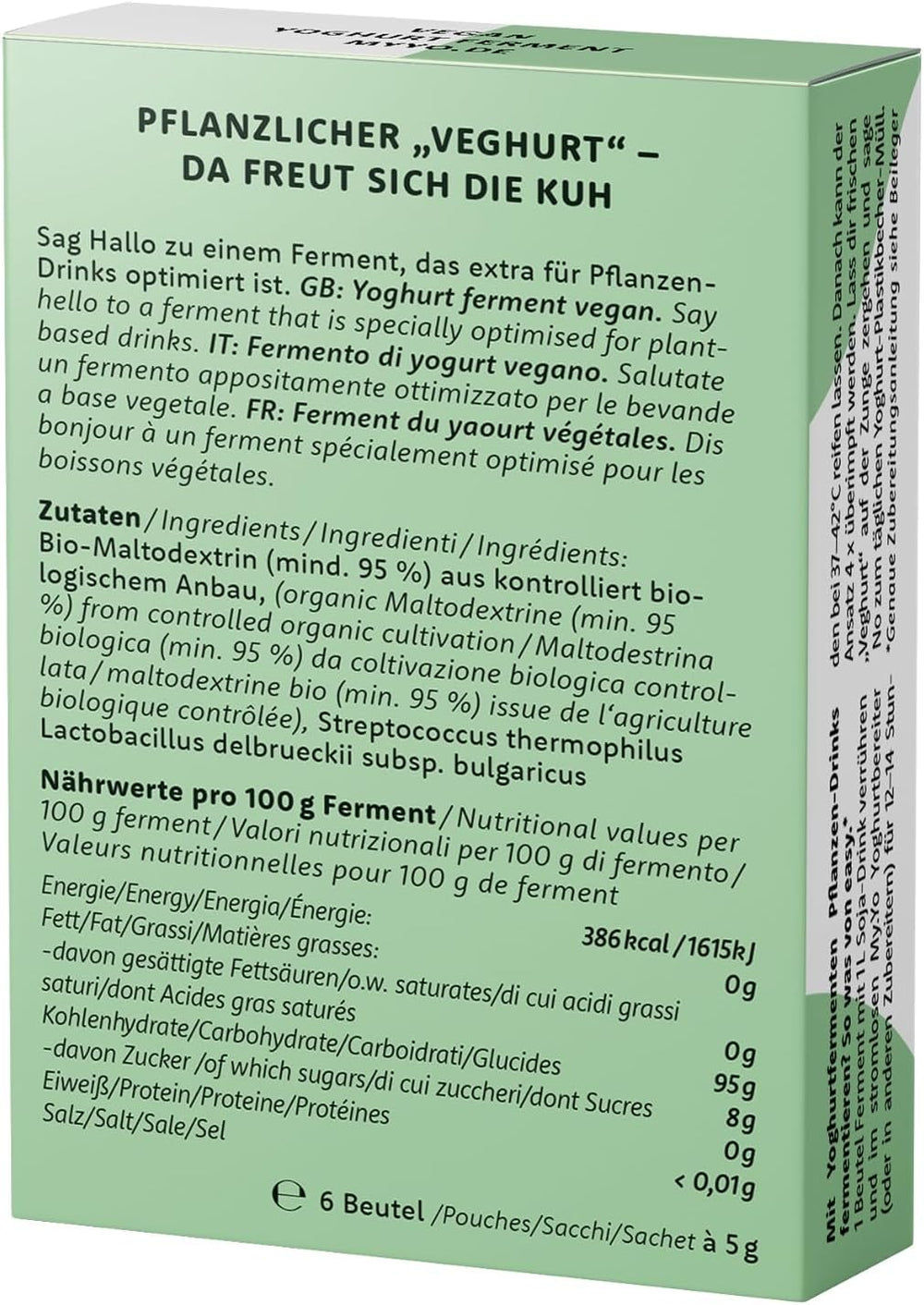 Bio Joghurtferment Vegan – 6x5g – Starterkulturen für 30L plant-based Joghurt – ohne tierische Zusätze – DE-ÖKO-013 certifiziert