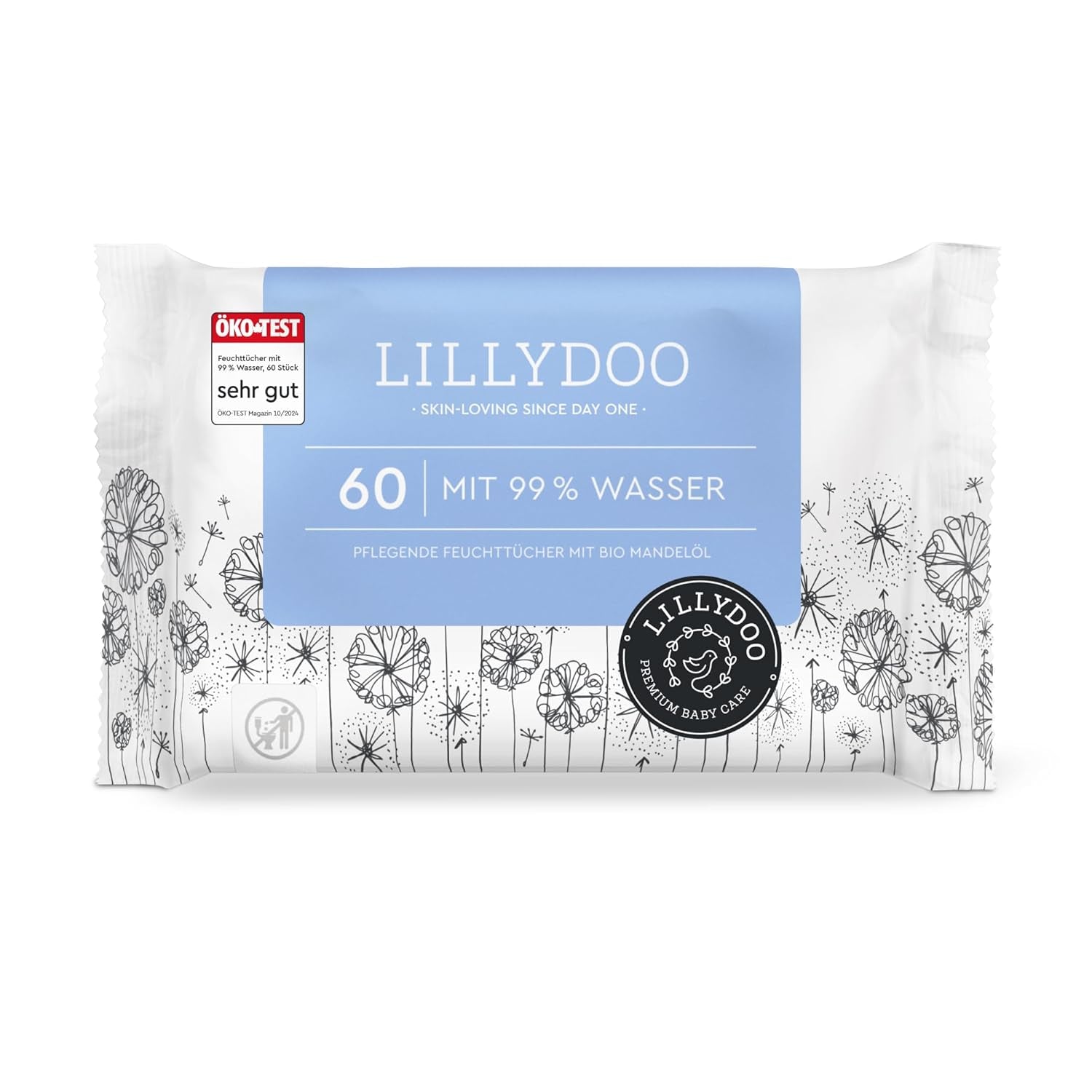 Șervețele umede LILLYDOO verzi, 600 bucăți (10 x 60), șervețel 100% fără plastic, rezistent la rupere - fără parfum, delicate și naturale, curățare delicată pentru pielea sensibilă, testate dermatologic