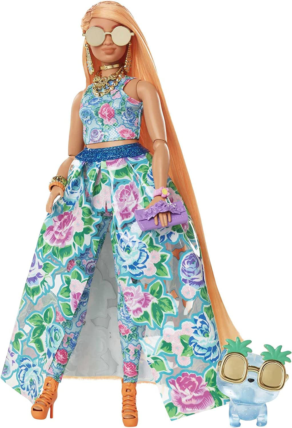 Barbie Extra Fancy, Curvy Long Strawberry Blonde Hair, Two Piece Suit, Blue Cat, Pink Bag, Pineapple Sunglasses Including Doll, Suitable as Gift, Hhn14 Naty Shop Dolls Default Title
