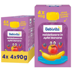 Blueberry, Apple and Banana Squeezable Pouches - 16 (4 packs, 4 x 90g each), no added sugar, gluten free, ideal for takeaways and on-the-go snacks