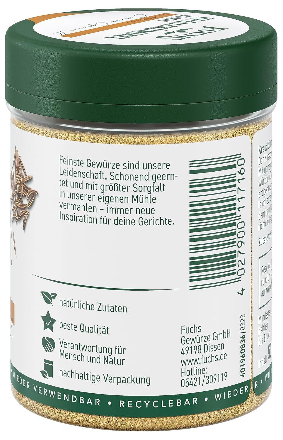 Fuchs Gewürze - Kreuzkümmel gemahlen - zum Würzen von Couscous, Hummus und Falafel - natural ingredients - 50 g in wiederverwendbarer, recyclebarer Dose