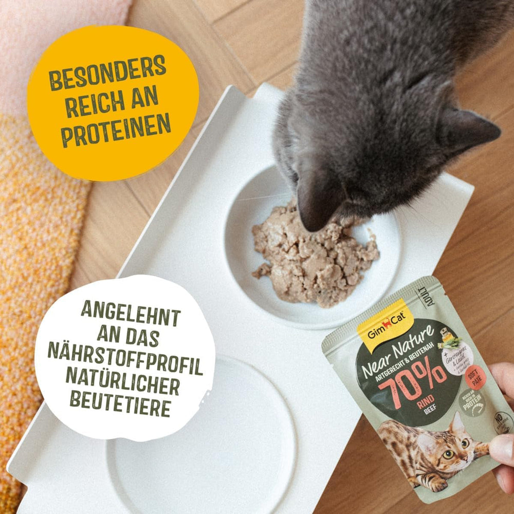 GimCat Near Nature Trial Mix Pachet de 12 - Hrană umedă fără cereale pentru pisici de la 7 luni, cu o rețetă adecvată speciei și specifică prăzii - 12 pliculețe (12 x 85 g)
