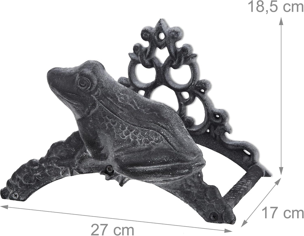 Suport furtun de grădină Relaxdays, fontă, design broască, nostalgic, suport furtun, ÎxLxA: 19 x 27 x 17 cm, gri