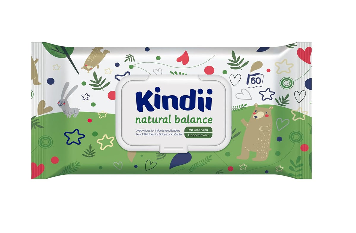 Kindii Natural Balance wet wipes for babies – (1 x 60 pcs.) Wet wipes for babies and children – Protective, Aloe Vera, Delicate fragrance – 60 pcs.