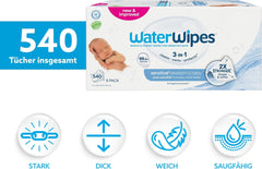 WaterWipes Sensitive+ Wet Wipes for Newborns and Babies, 540 Pieces (9 Packs), 3-in-1 Cleaning, Care, Protection, 99.9% Water, Fragrance Free