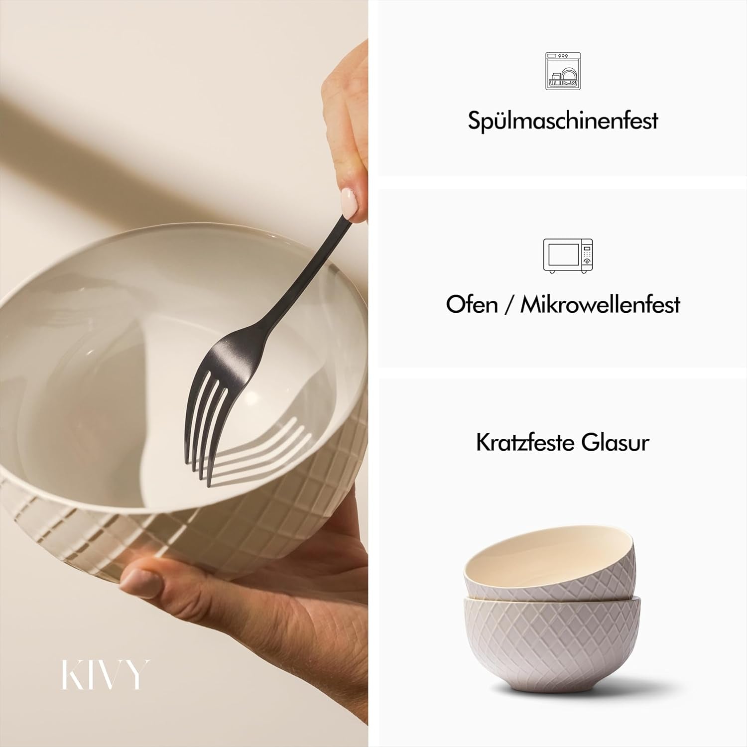 Set de boluri pentru cereale KIVY - 6 x 850ml - Boluri mari, supe și terci - Bol pentru supă - Bol - Boluri pentru cereale - Boluri pentru supă - Set de boluri - Bol ceramic pentru cereale (alb crem, boluri)