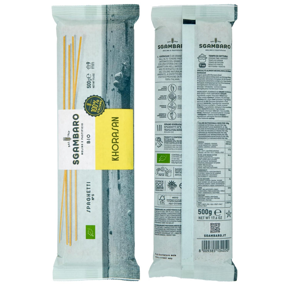 Organic spaghetti pasta no. 5 - 500g of Khorasan wheat – Ancient wheat, high in protein, 100% Italian grown – Versatile in the kitchen and rich in nutrients