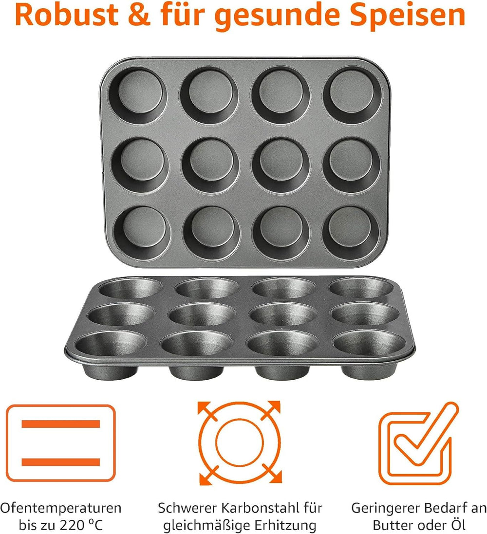 Muffin Pan, Non-Stick, Carbon Steel, Pack of 2, Grey, 35cm X 26.8cm X 3cm Baking Pans & Trays Naty Shop