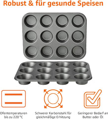 Muffin Pan, Non-Stick, Carbon Steel, Pack of 2, Grey, 35cm X 26.8cm X 3cm Baking Pans & Trays Naty Shop