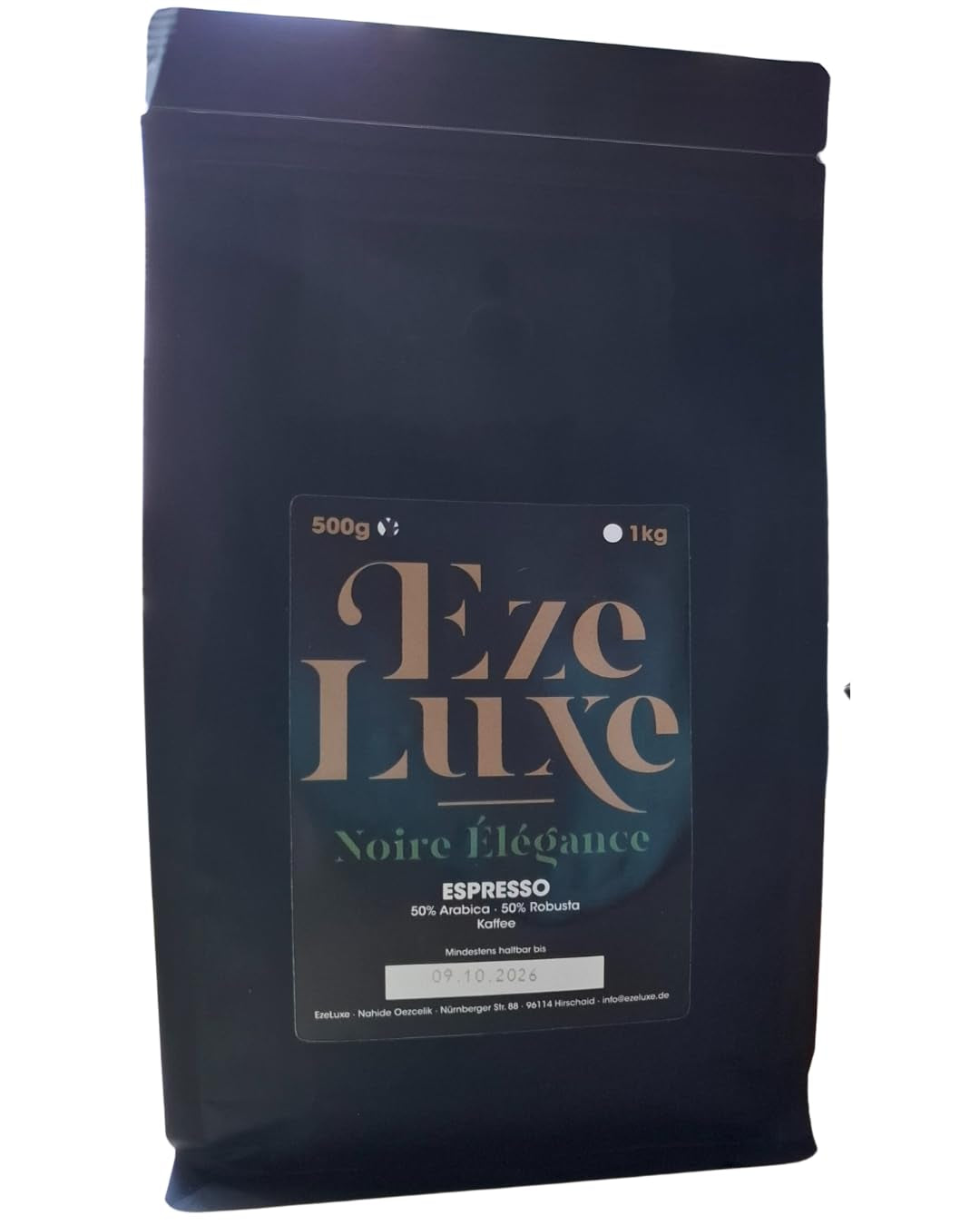 Cafea Espresso Noire Elegance 1kg - 50% Arabica și 50% Robusta/Brazilia și India - prăjire medie, puternică și cremoasă, ciocolată neagră - intensitate 8 - espressor gratuit
