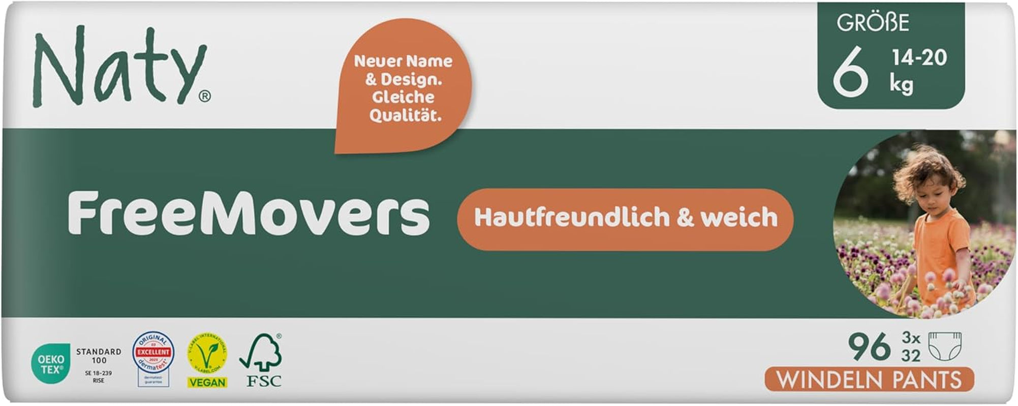 Naty FreeMovers Baby Diapers | Certified Skin Friendly Diaper Covers | Soft and fragrance free | Absorbent and leak-proof | Dermatologically tested Size 5 (12–18 kg) | 80 pieces