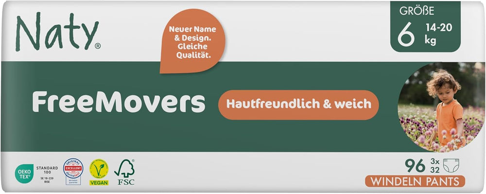 Naty FreeMovers Baby Diapers | Certified Skin Friendly Diaper Covers | Soft and fragrance free | Absorbent and leak-proof | Dermatologically tested Size 5 (12–18 kg) | 80 pieces