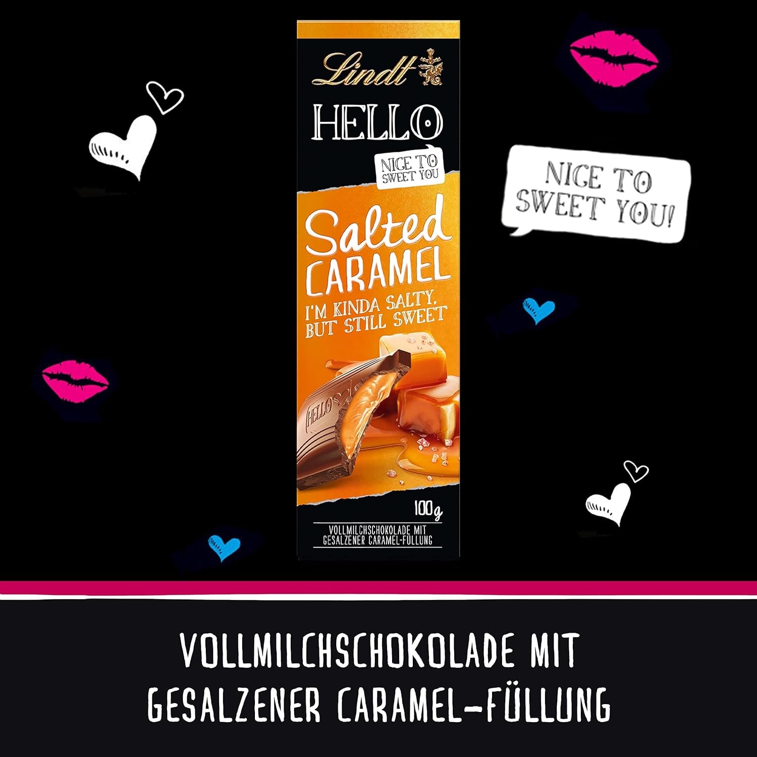 HELLO Salted Caramel Chocolate | Bar 100g | Milk chocolate with salted caramel filling | Chocolate bar | Chocolate Gift (Pack of 5)