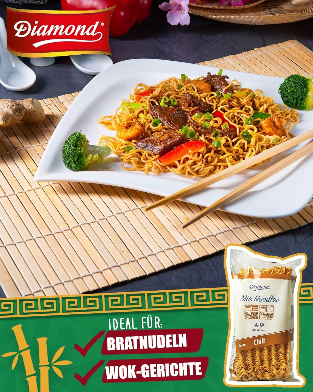 DIAMOND Mie Chili Noodles, wheat noodles with chili powder, egg-free, quick and easy, vegetarian - 1 x 250 g
