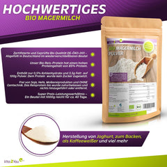 Vita2You Bio Skimmed Milk Powder 1000g - 100% Bio Qualität - for baking - Kaffeeweißer - Milchpulver für Joghurts - 1kg - Premium Qualität