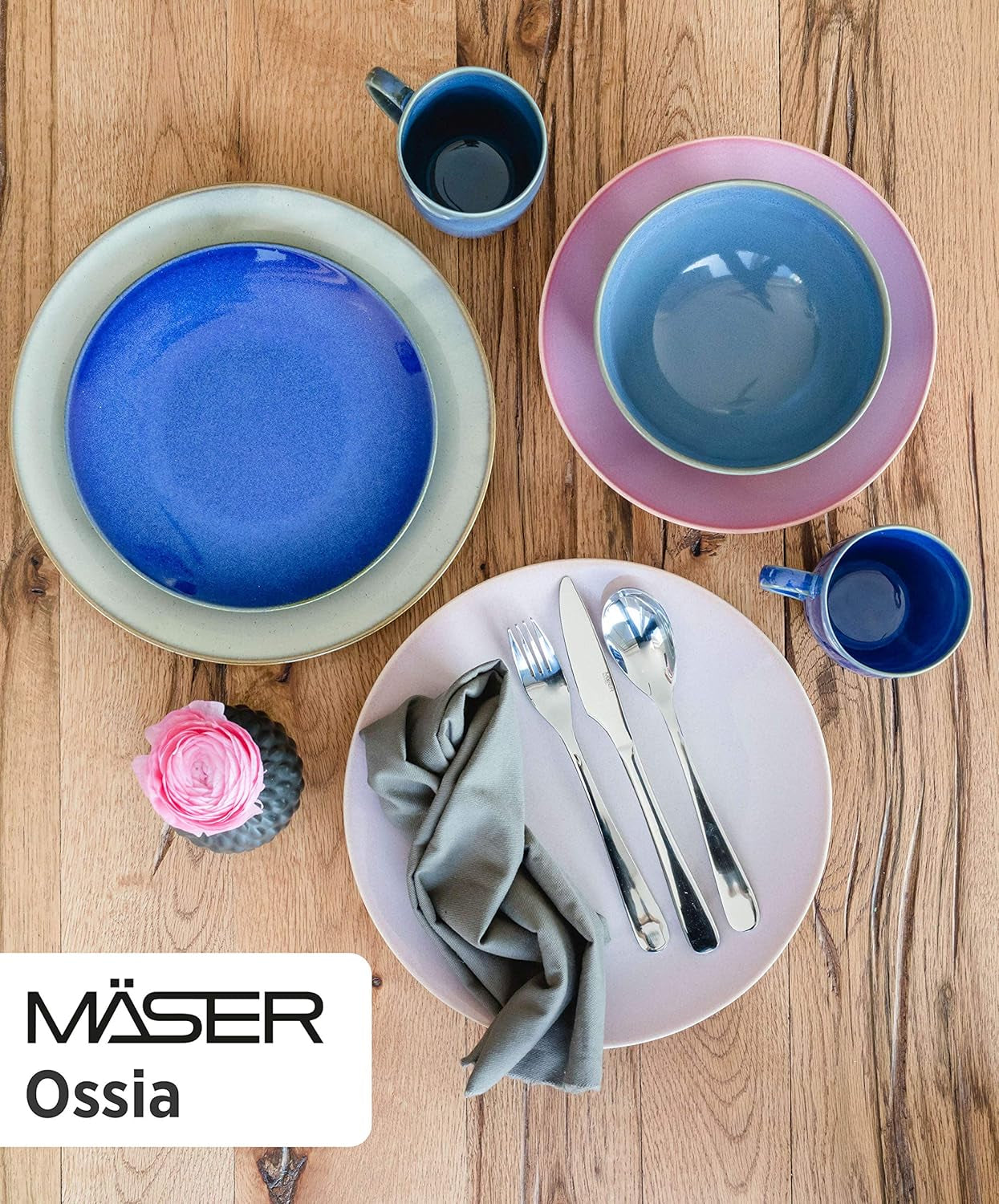 MÄSER 931734 Ossia, Teller-Set für 6 Personen im mediterranen Vintage-Look, 12-teiliges modernes Tafelservice mit Suppentellern und Speisetellern in sandigem Grau, Keramik, Sandgrau