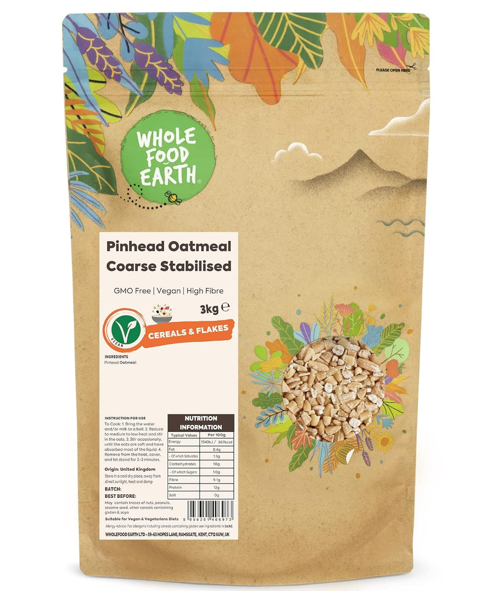 Wholefood Earth Pinhead Oatmeal Coarse Stabilized 3kg | Non-GMO | Rich in fiber