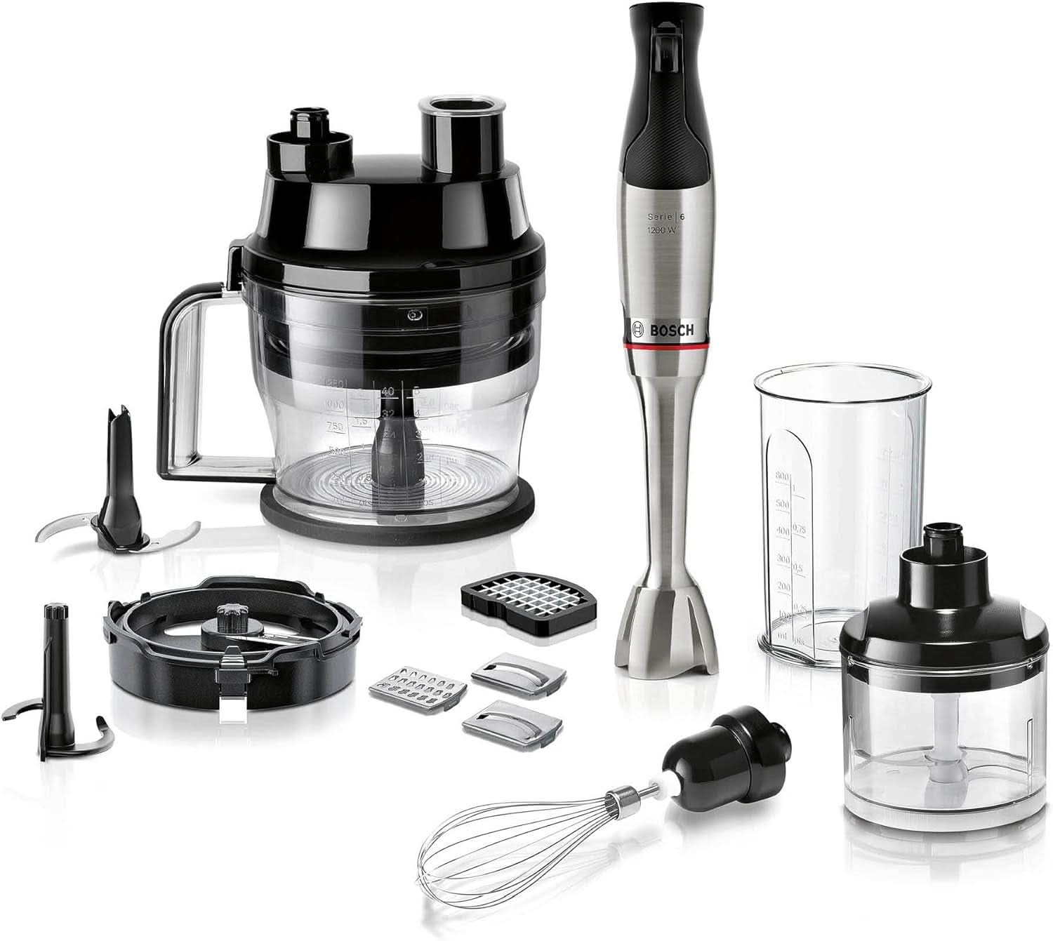 Bosch Standmixer Ergomaster Serie 6 MSM6M810, Einhändig Bedienbar, 10 Jahre Motorgarantie, Edelstahl-Klingen, Verschleißfreie Keramik-Kupplung, Luftkühlung, Quattroblade, Mixbecher, 1200 W, Edelstahl Kitchen Naty Shop 7-In-1, 1200 Watt