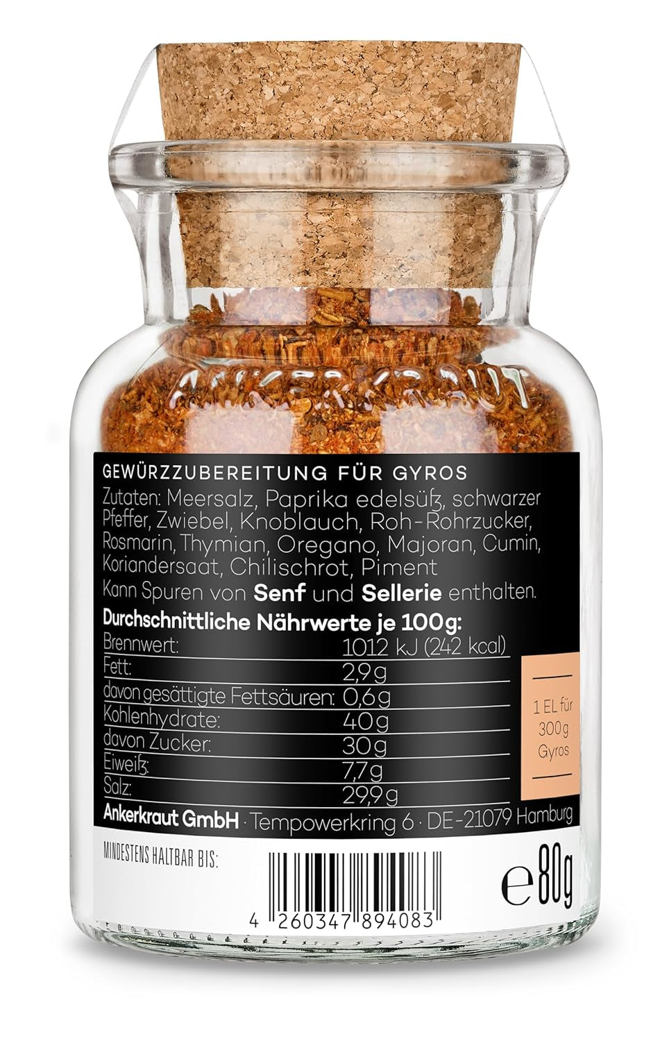 Ankerkraut Gyros, Gewürzmischung für Gyros, egal ob aus der Pfanne oder vom Grill, mit Zwiebel, Knoblauch, Marjoram, Cumin, Piment und mehr, 80 g im Korkenglas