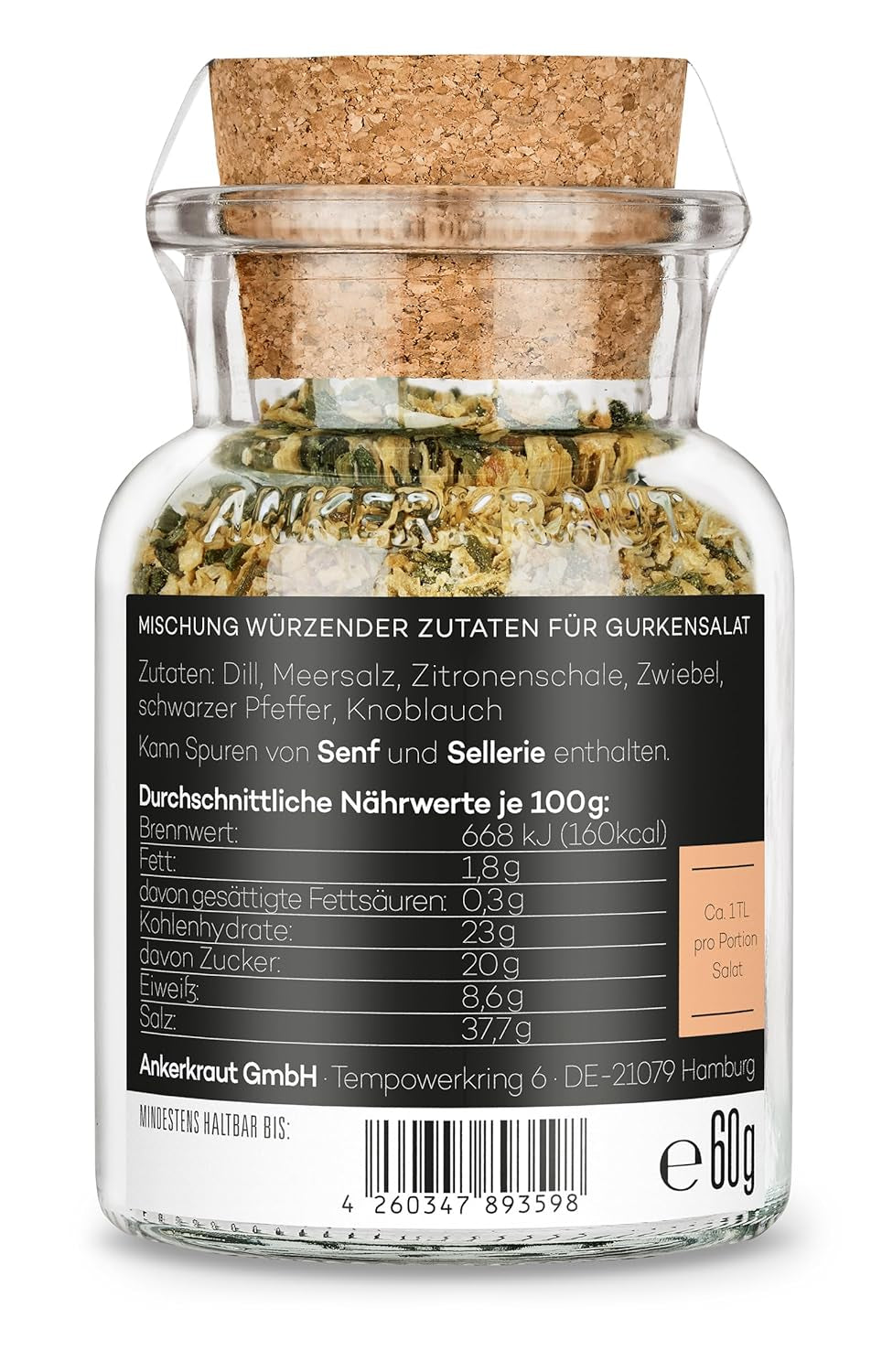 Ankerkraut Gurkensalat, 60 g in a cork glass, Würze Gherken-Salat Ganz Einfach, Zuckerfrei und Ohne Gesmackverstärker, Mischung würzender Ingredient für Salat