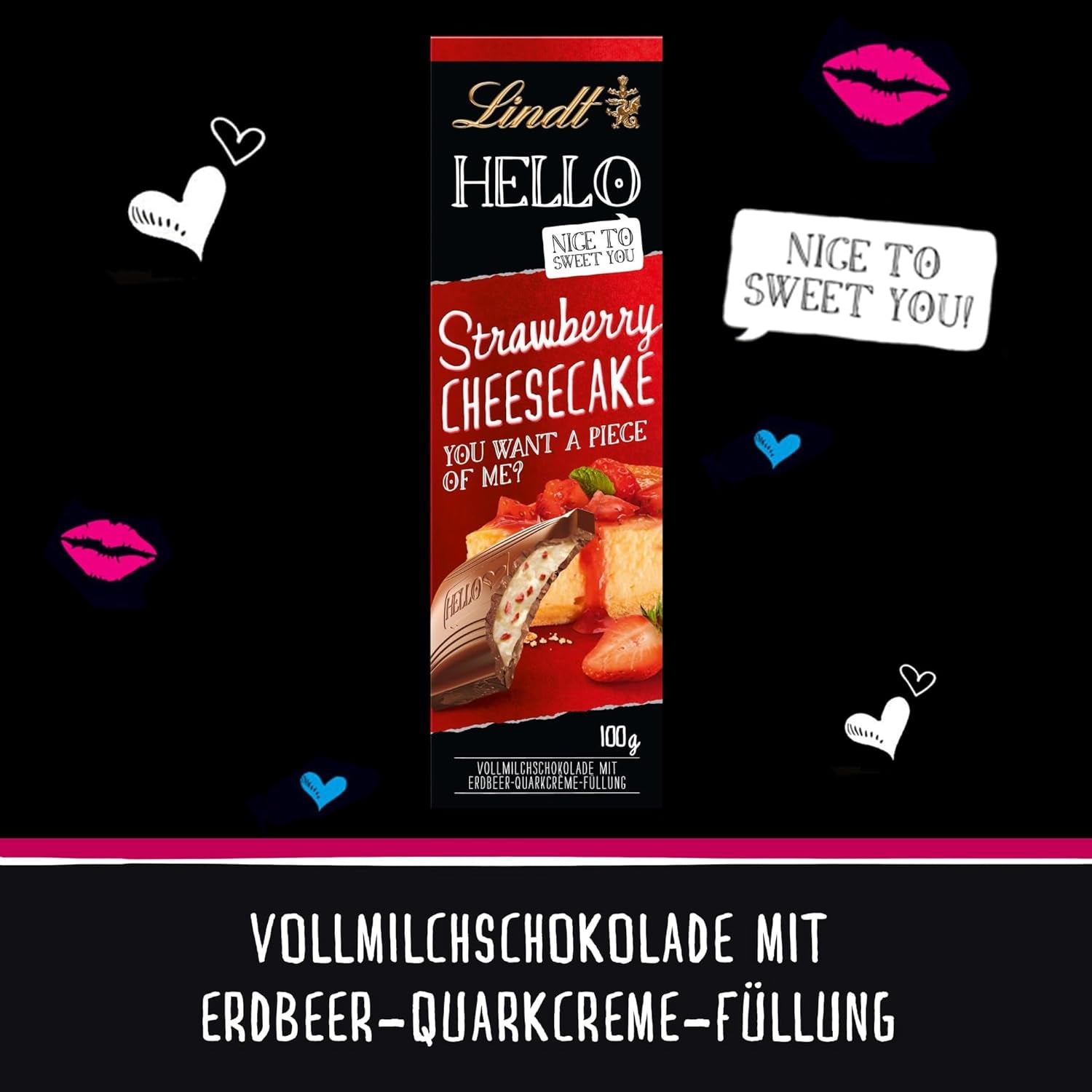 Lindt HELLO Strawberry Chocolate Cheesecake | Bar 100g | Milk Chocolate with Strawberry Quark Cream Filling | Chocolate bar | Chocolate Gift (Pack of 5)