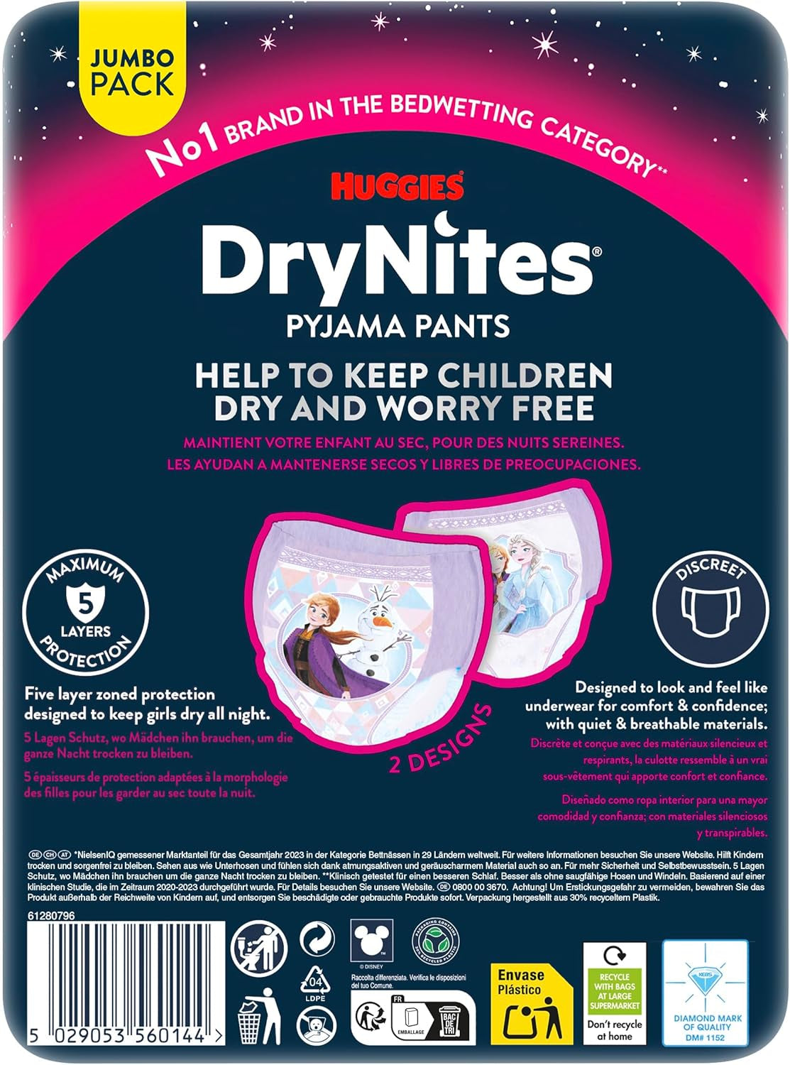 Huggies DryNites Super Absorbent Nighttime Diapers for Girls 3-4 Years (12-21kg) 4 x 16 Count (64 Count Total) Monthly Panty Pack