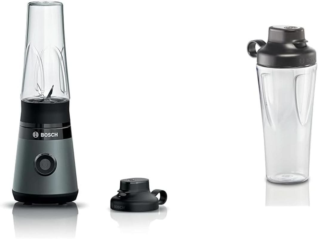 Bosch Mini-Standmixer Vitapower Serie 2 MMB2111S, Highspeed-Mixer, Bis Zu 40,000 Rpm, Tritan Togo-Flasche 0.6 L, Trinkdeckel, Bruchsicher, Spülmasch.Geeignete Teile, 450W, Silber/Schwarz Kitchen Naty Shop Bundle Mit Togo-Flasche Silber / Schwarz