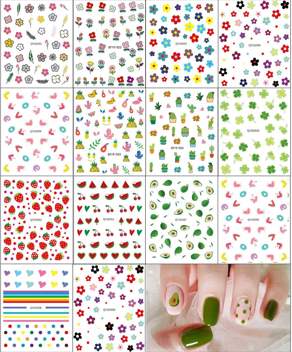 JMEOWIO Süße Nagelsticker Für Kinder 14 Blatt Nail Art Sticker Selbstklebend Nagelaufkleber Regenbogen Blumen Frucht Dekoration Nageldesign Zubehör