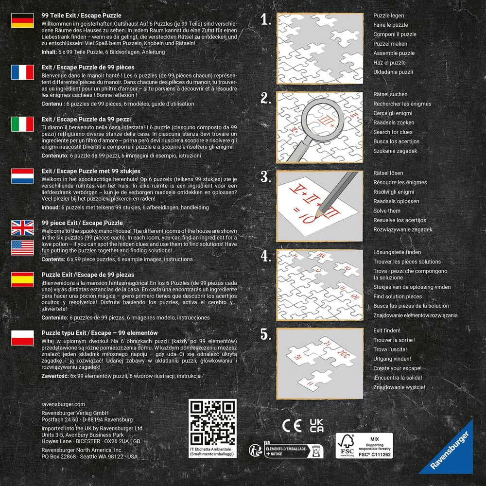 Ravensburger EXIT Puzzle - The Ghostly Manor House - 6X 99-piece jigsaw puzzle for puzzle-loving adults and children aged 10 and up Puzzle Naty Shop