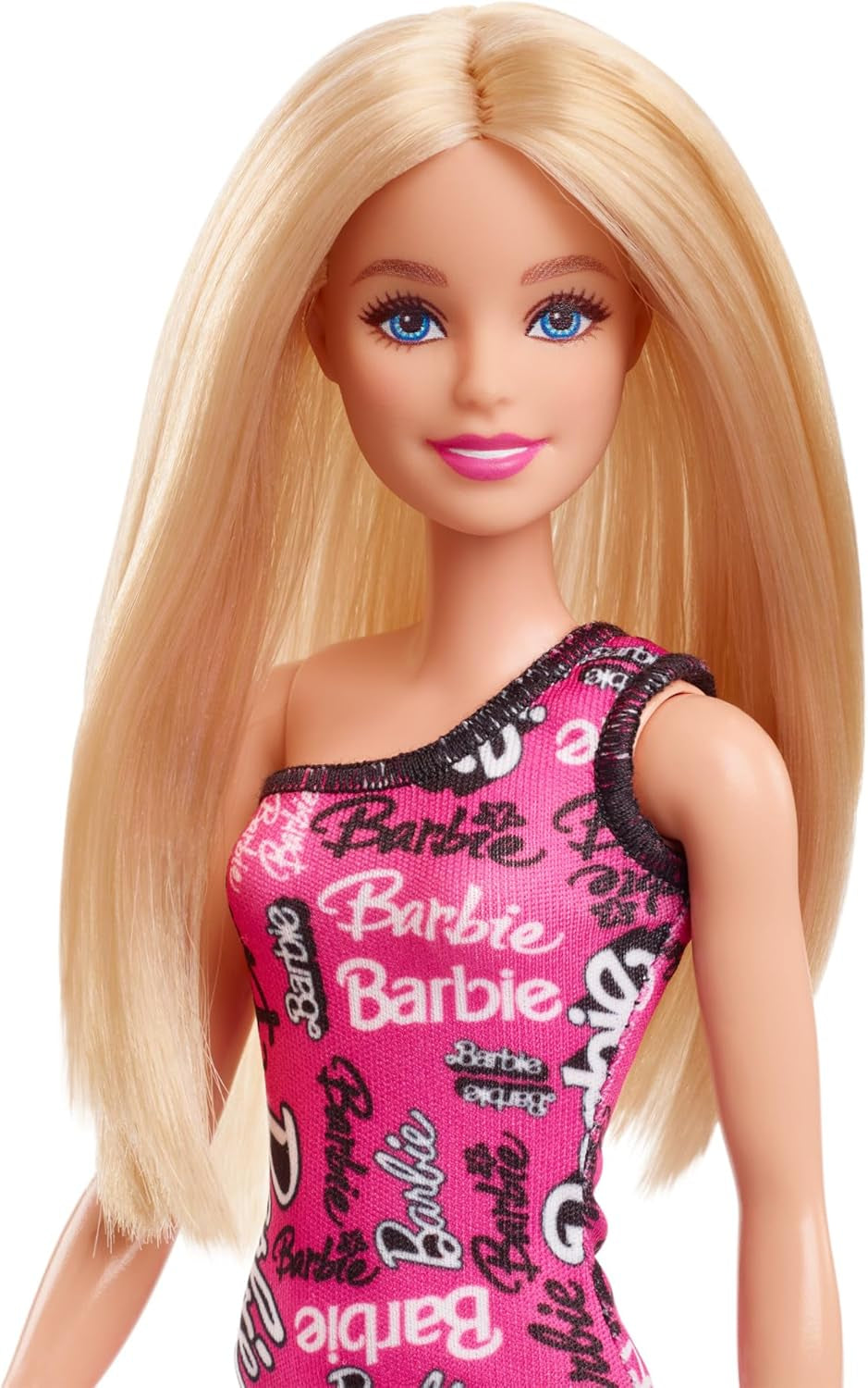 Păpușă Barbie la modă cu păr blond și drept, într-o rochie roz detașabilă cu un singur umăr și pantofi cu logo imprimat, HRH07
