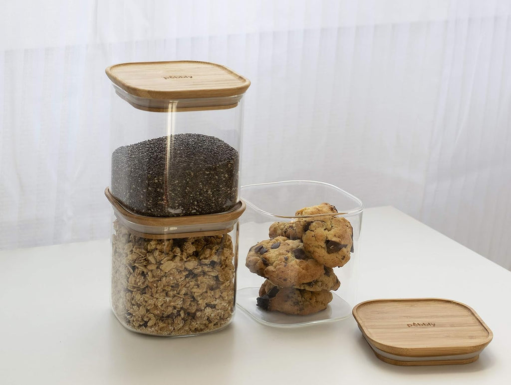 Set de 3 recipiente pătrate din sticlă cu capac din bambus-800ml, sticlă borosilicată, bambus, silicon, natural, 11 x 11 x 11 cm Cutii depozitare alimente Naty Shop