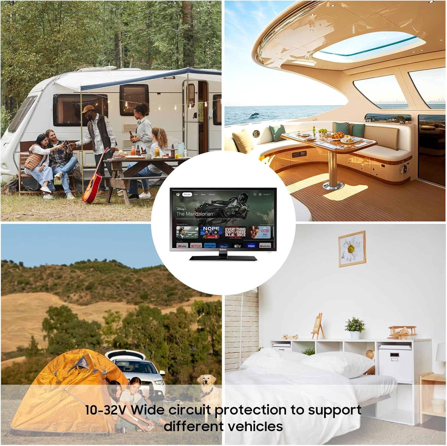 SYLVOX Televizor inteligent Android de 27 de inci pentru autorulote, televizor de călătorie 1080P cu DVD player încorporat, televizor de 12V cu asistent Google, AC/DC, difuzoare HiFi, tuner triplu, HDMI USB, televizor pentru rulote