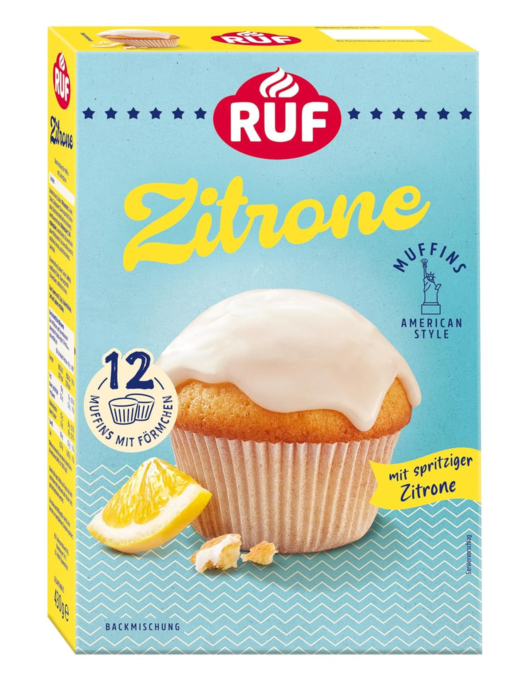 RUF Cheesecake-Muffins Backmischung, American Style Muffins Mit Cremiger Füllung, Einfache Zubereitung, 12 Muffin-Förmchen Inklusive Naty Shop Zitrone 430 G (1Er Pack)