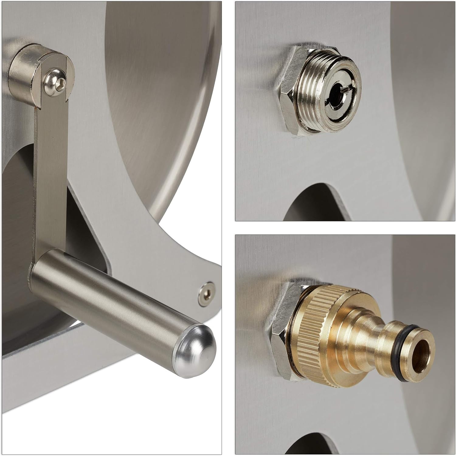 Relaxdays Rolă metalică pentru furtun, înfășurare furtun goală, oțel inoxidabil și aluminiu, montare pe podea și perete, 30,5x45x36,5 cm, argintiu