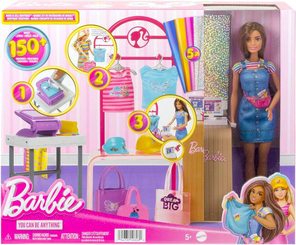 Set de joacă Barbie Fashion Boutique - Păpușă cu modele din folie, peste 150 de look-uri originale, include 2 bluze și 5 foi din folie, suport pentru haine și cititor de carduri de credit, vârste 3+, HKT78