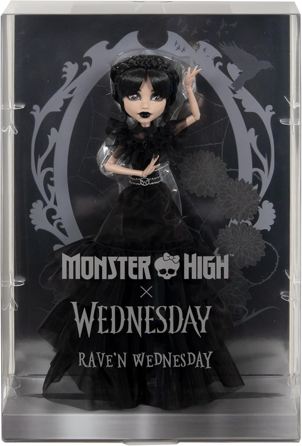 Păpușă Monster High Wednesday, figurină de colecție Rave'N Wednesday în rochie gotică neagră, inspirată de scena de dans, accesorii premium și suport pentru păpușă, HXJ03 Papusi Naty Shop