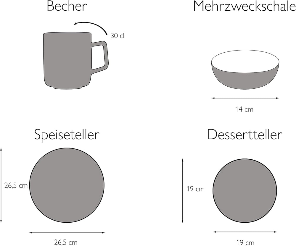 CreaTable, 22582, seria SAMBA, set de veselă cu 16 piese pentru 4 persoane, serviciu combinat din porțelan, potrivit pentru mașina de spălat vase și cuptorul cu microunde, producție de calitate