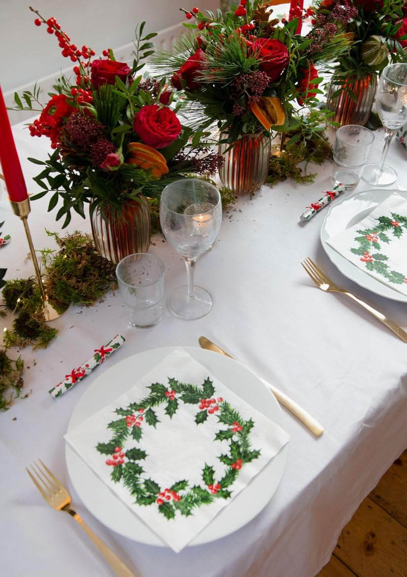 Talking Tables 20 șervețele de hârtie de Crăciun XL cu design Holly | Șervețele de lux de unică folosință | Reutilizabile | Ideale pentru Crăciun și petreceri cu cină | De înaltă calitate | 40Cm X 40Cm