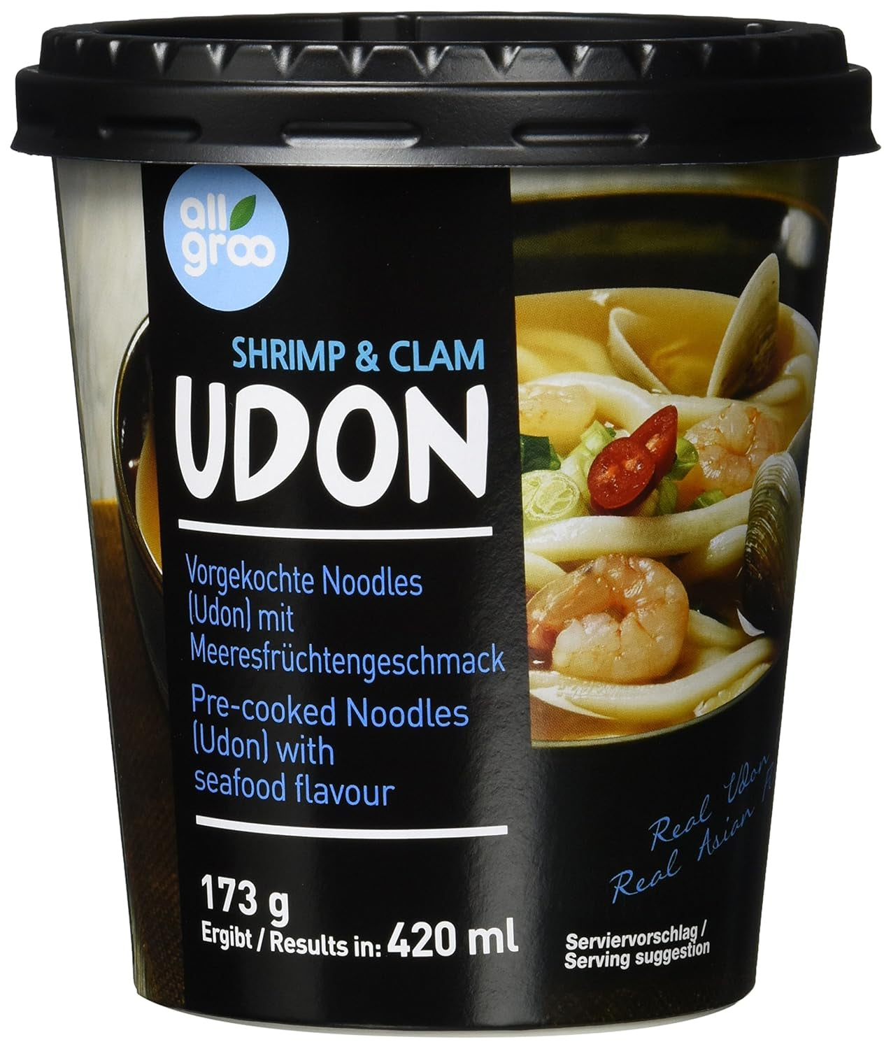 Allgroo Udon Cup Instant Noodles - Flavorful Spicy Seafood Udon Soup - Quick Preparation (1 x 173g)
