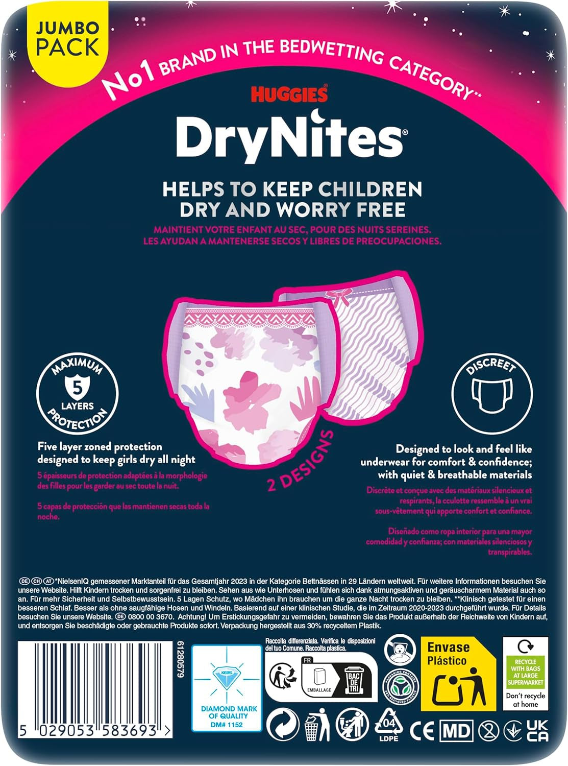 Huggies DryNites Nighttime Bedwetting Diapers for Girls 13-Approximately 17 Years (48-60kg) 33 Count (3 x 11) Jumbo Monthly Pack XL Diaper Briefs