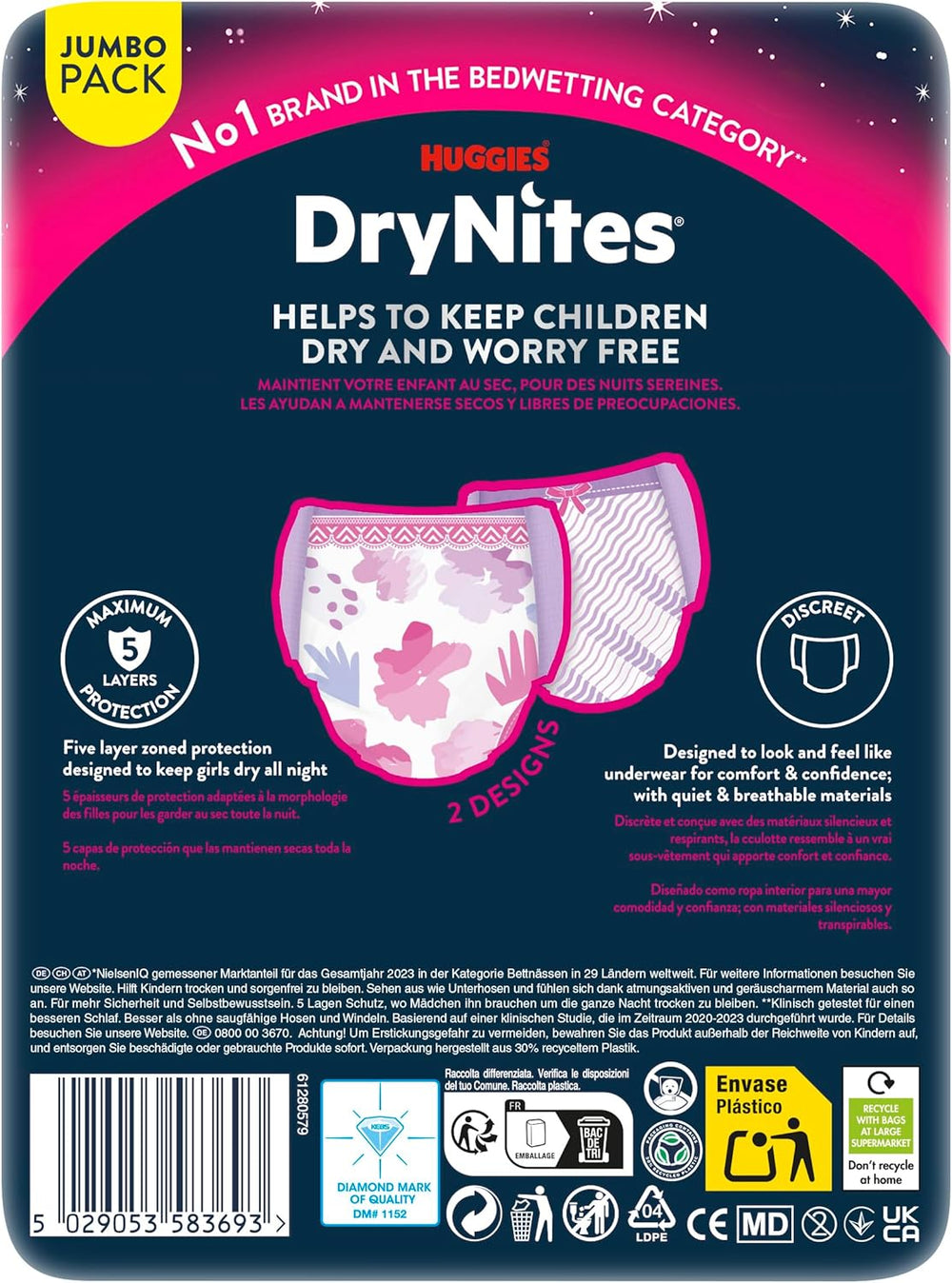 Huggies DryNites Nighttime Bedwetting Diapers for Girls 13-Approximately 17 Years (48-60kg) 33 Count (3 x 11) Jumbo Monthly Pack XL Diaper Briefs