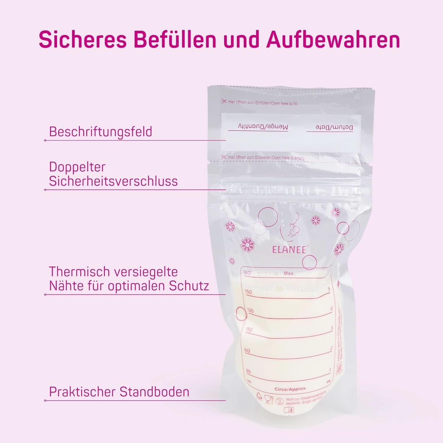 ELANEE Muttermilchbeutel, Aufbewahren & Einfrieren Von Muttermilch, Geschmackneutral Und Vorsterilisiert, Doppelter Sicherheitsverschluss, 20 Stück, Mit Standfuß (711-00) Baby Food and Breastfeeding Accessories Naty Shop