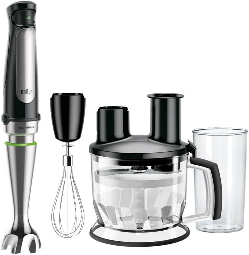 Braun Multiquick 7 MQ 7035X Stabmixer - Pürierstab Mit Abnehmbarem Edelstahl Mixfuß Mit Activeblade Technologie Zum Pürieren Der Härtesten Ingredient, Inkl. 3-Teiliges Zubehör Set, 1000 Watt, Schwarz Kitchen Naty Shop Schwarz Küchenmaschine