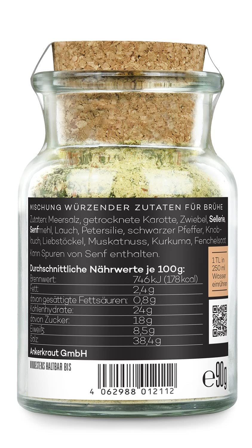 Ankerkraut Gemüsebrühe, ohne Gemsckverstärker, ohne Zucker, 90g in cork glass, Mischung würzender Ingredient für Brühe