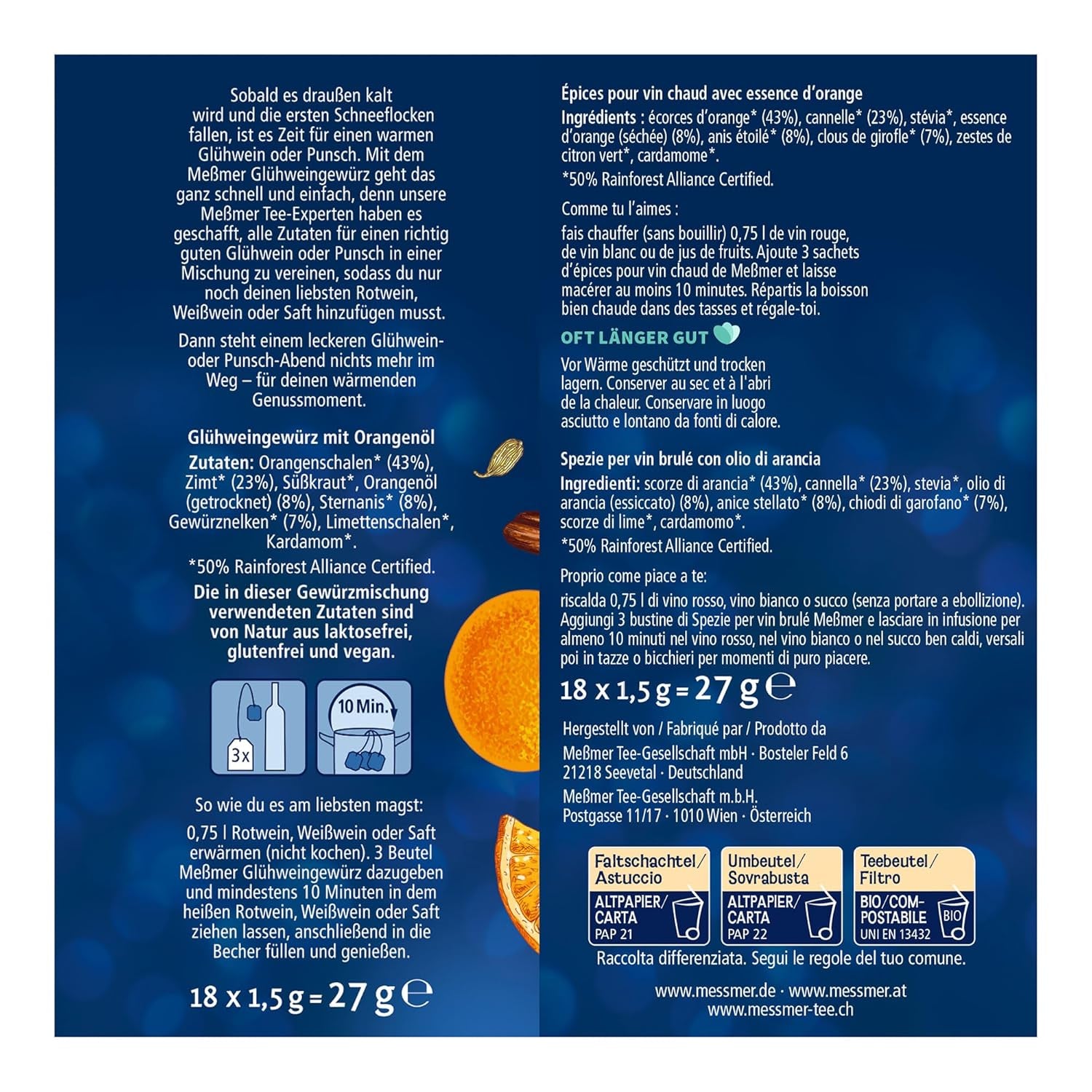 Meßmer Glühweingewürz | For Wine or Juice | 18 Teebeutel | Gluten free | Lactose-free Vegan