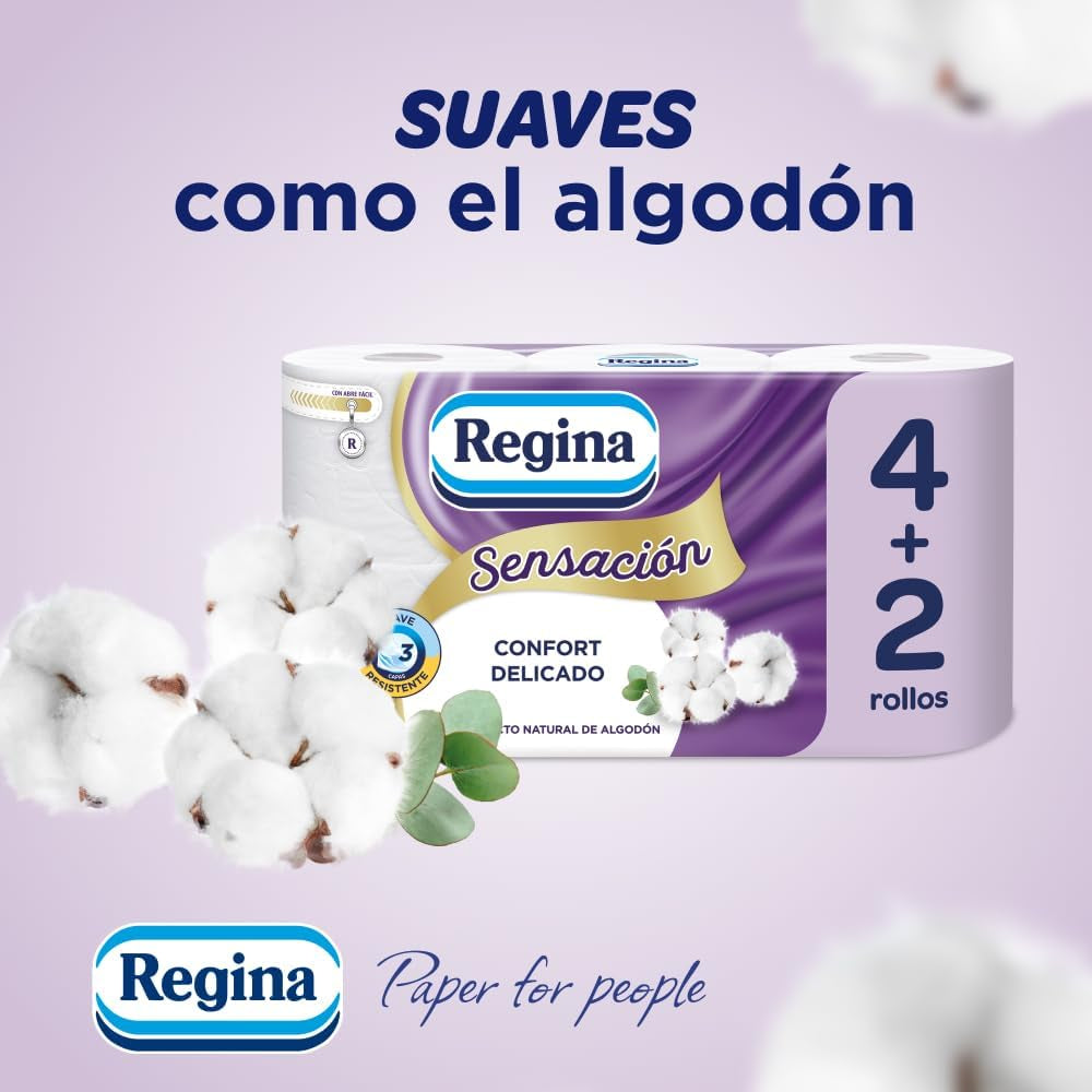 Regina Feeling - 42 role hârtie igienică, 175 foi cu trei straturi, extract natural de bumbac și parfum delicat, 60% ambalaj din plastic reciclat, 100% hârtie certificată Fsc