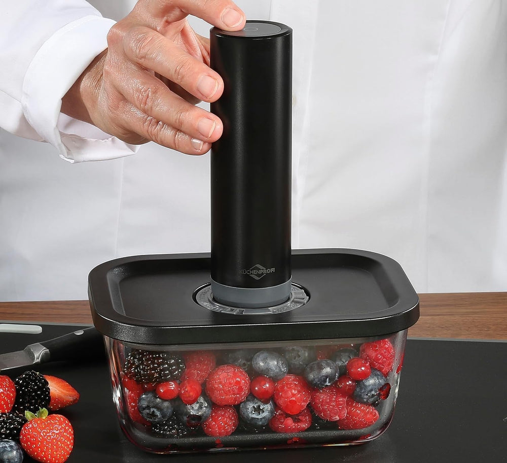 Set de vid Küchenprofi EASYFRESH | Set din 7 piese | 1x pompă electrică de vid, 1x borcan de vid S, M și L, 3x pungi de vid 22x21 cm | sticlă borosilicată, plastic de înaltă calitate | preparare și depozitare Cutii depozitare alimente Naty Shop